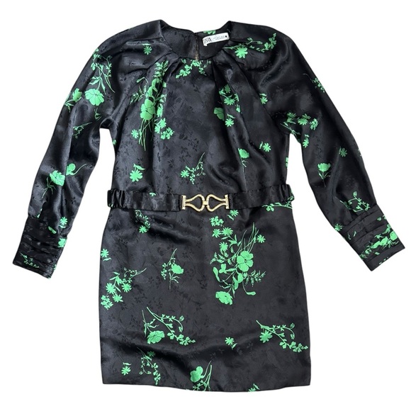 Zara Dresses & Skirts - Zara Green Black Jacquard Floral Print Belted Mini Dress, Size S